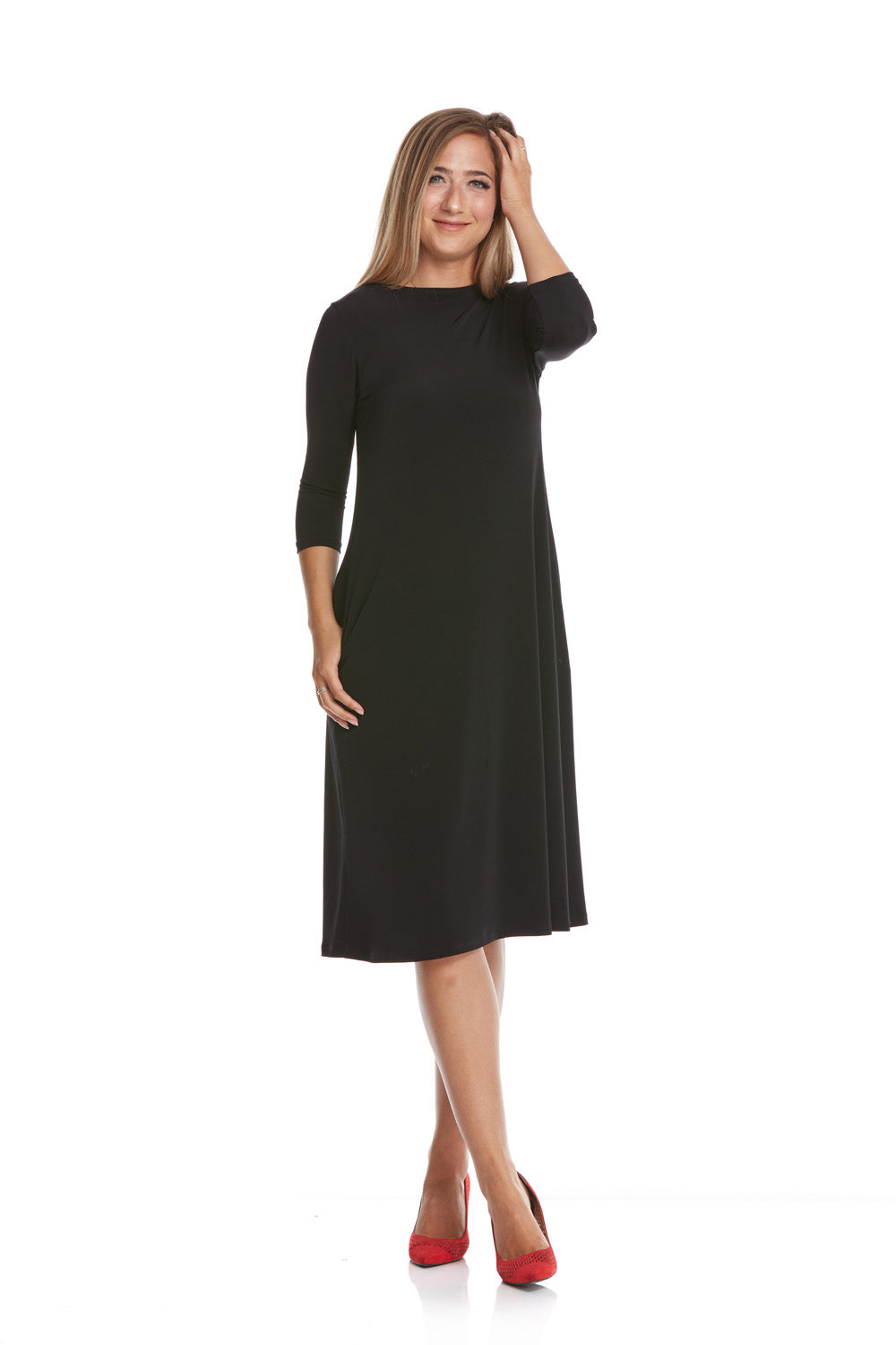 Black flary below knee length 3/4 sleeve crew neck modest tznius a-line dress with pockets big enough for smartphone