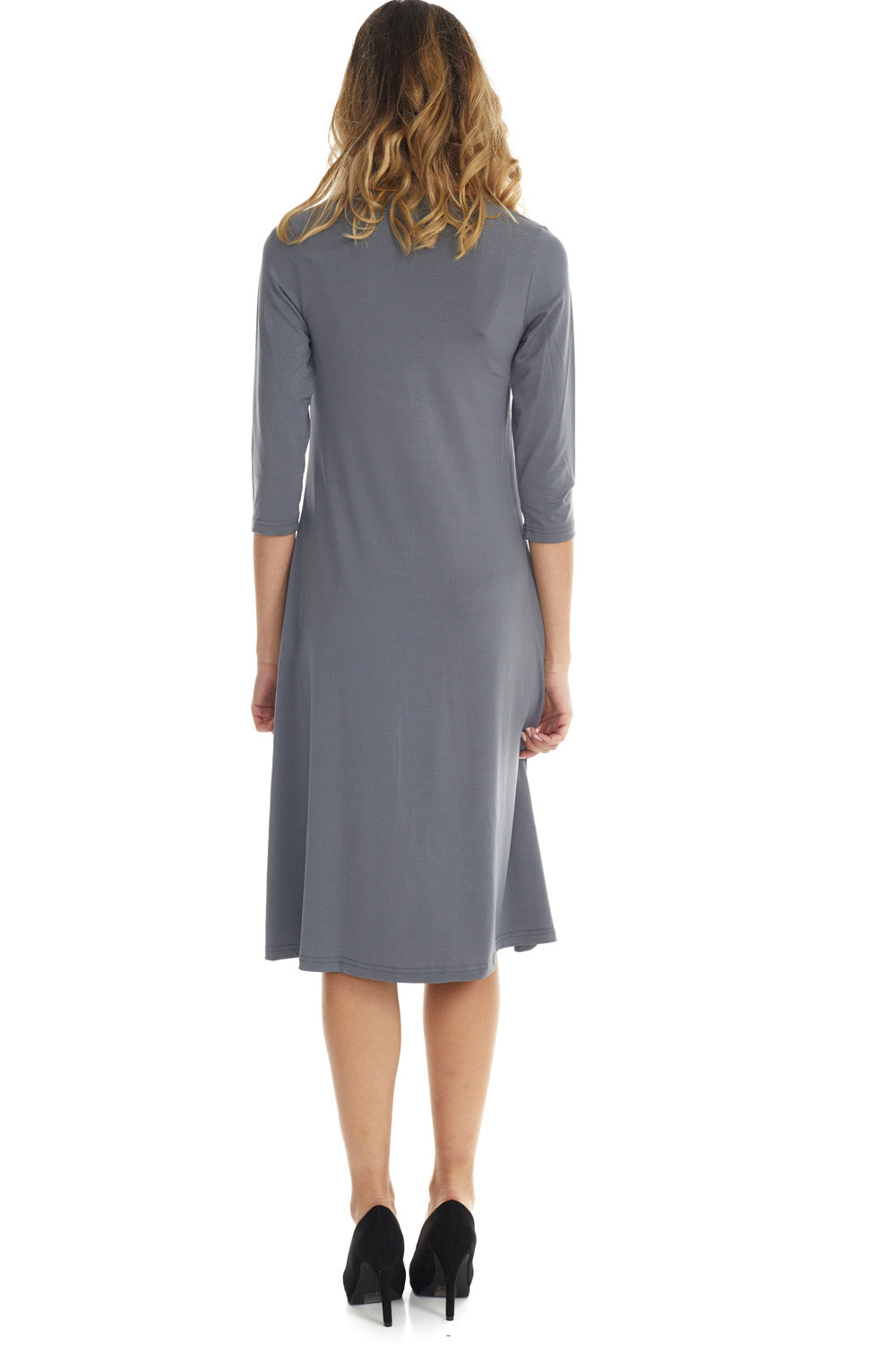 charcoal dark grey gray flary below knee length 3/4 sleeve crew neck modest tznius a-line dress with pockets big enough for smartphone
