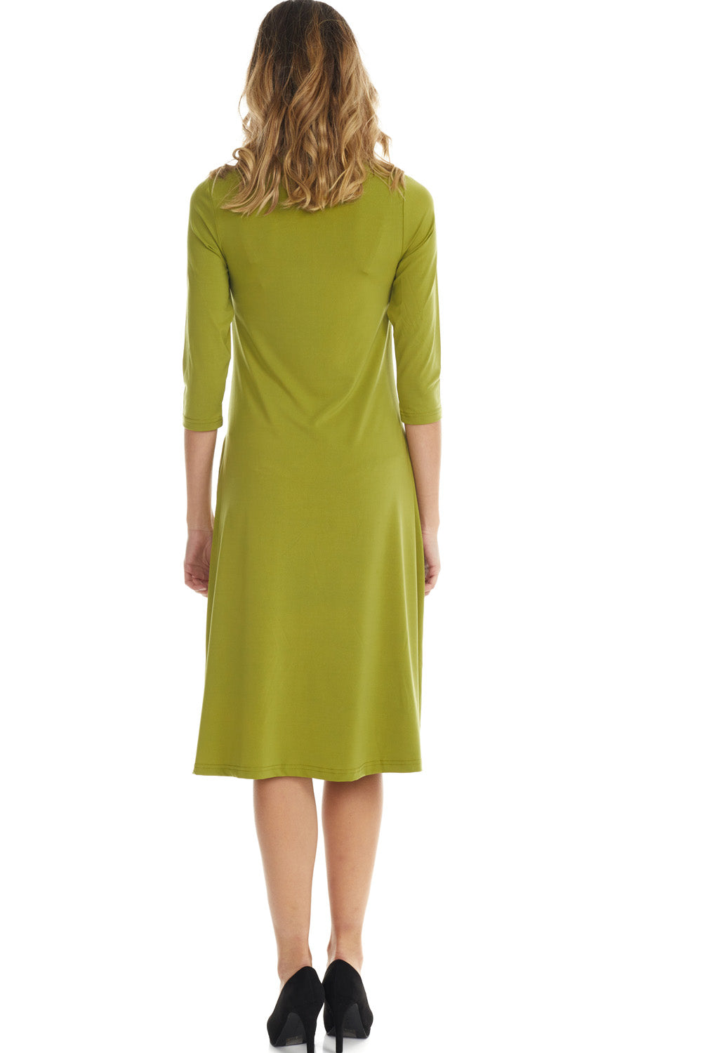 green flary below knee length 3/4 sleeve crew neck modest tznius a-line dress with pockets big enough for smartphone