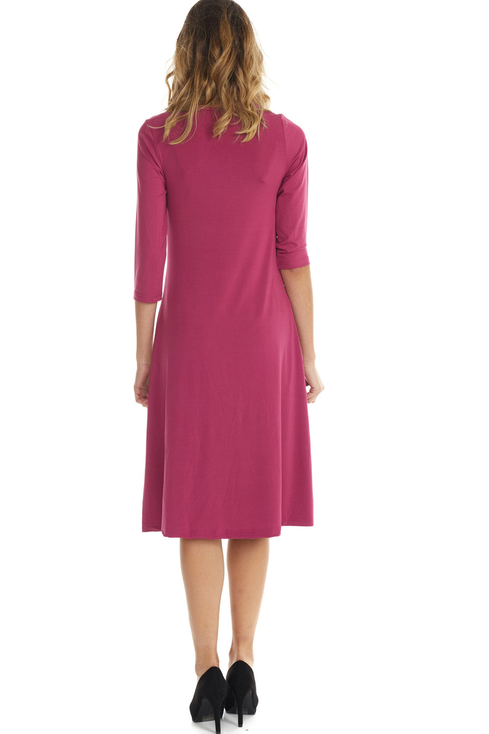 pink flary below knee length 3/4 sleeve crew neck modest tznius a-line dress with pockets big enough for smartphone