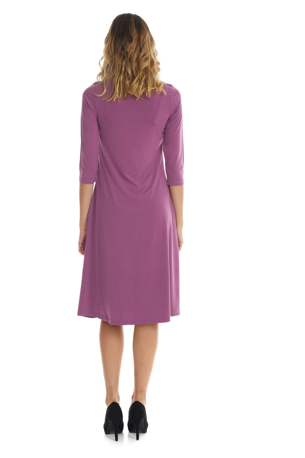 mauve flary below knee length 3/4 sleeve crew neck modest tznius a-line dress with pockets big enough for smartphone