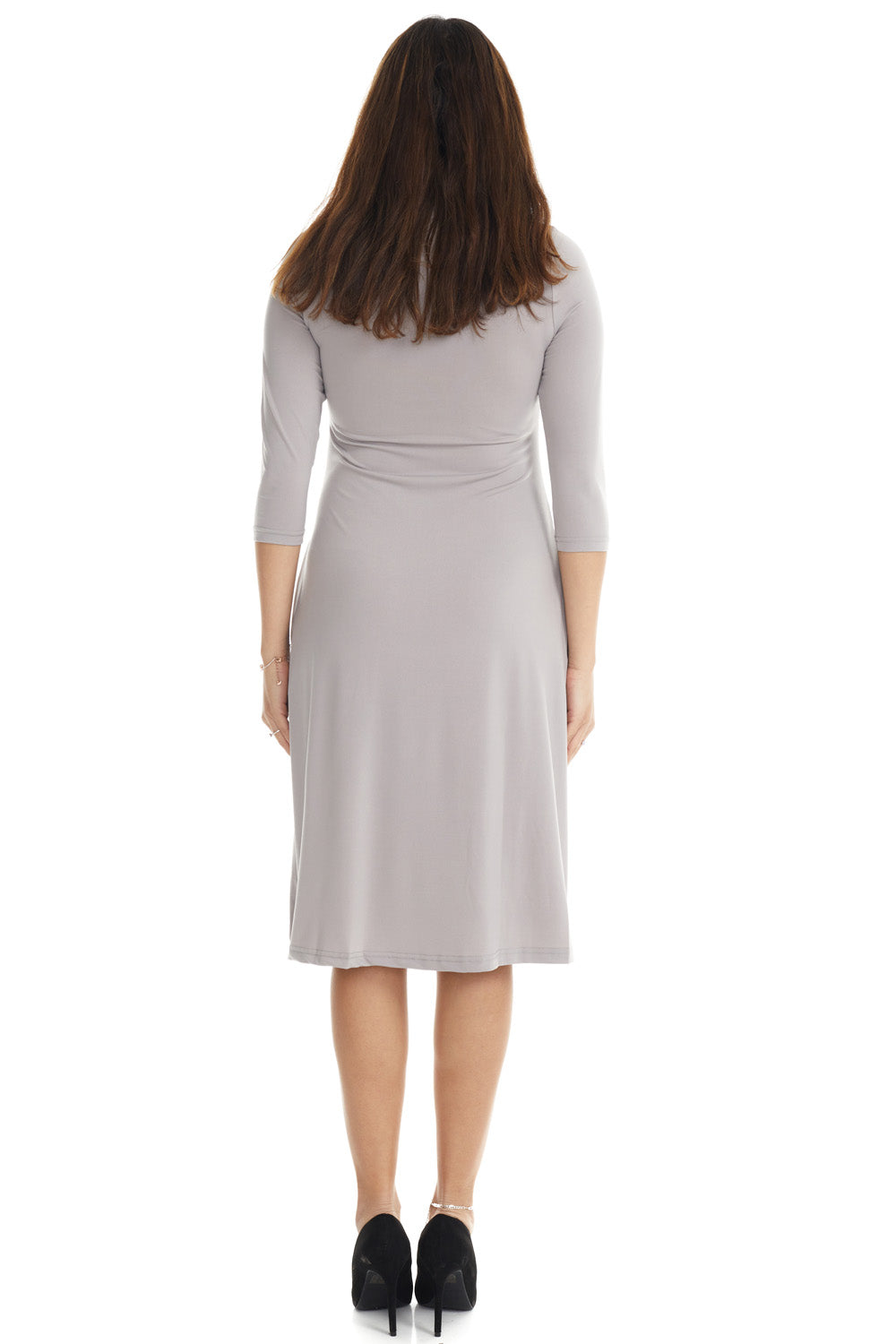 grey gray flary below knee length 3/4 sleeve crew neck modest tznius a-line dress with pockets big enough for smartphone