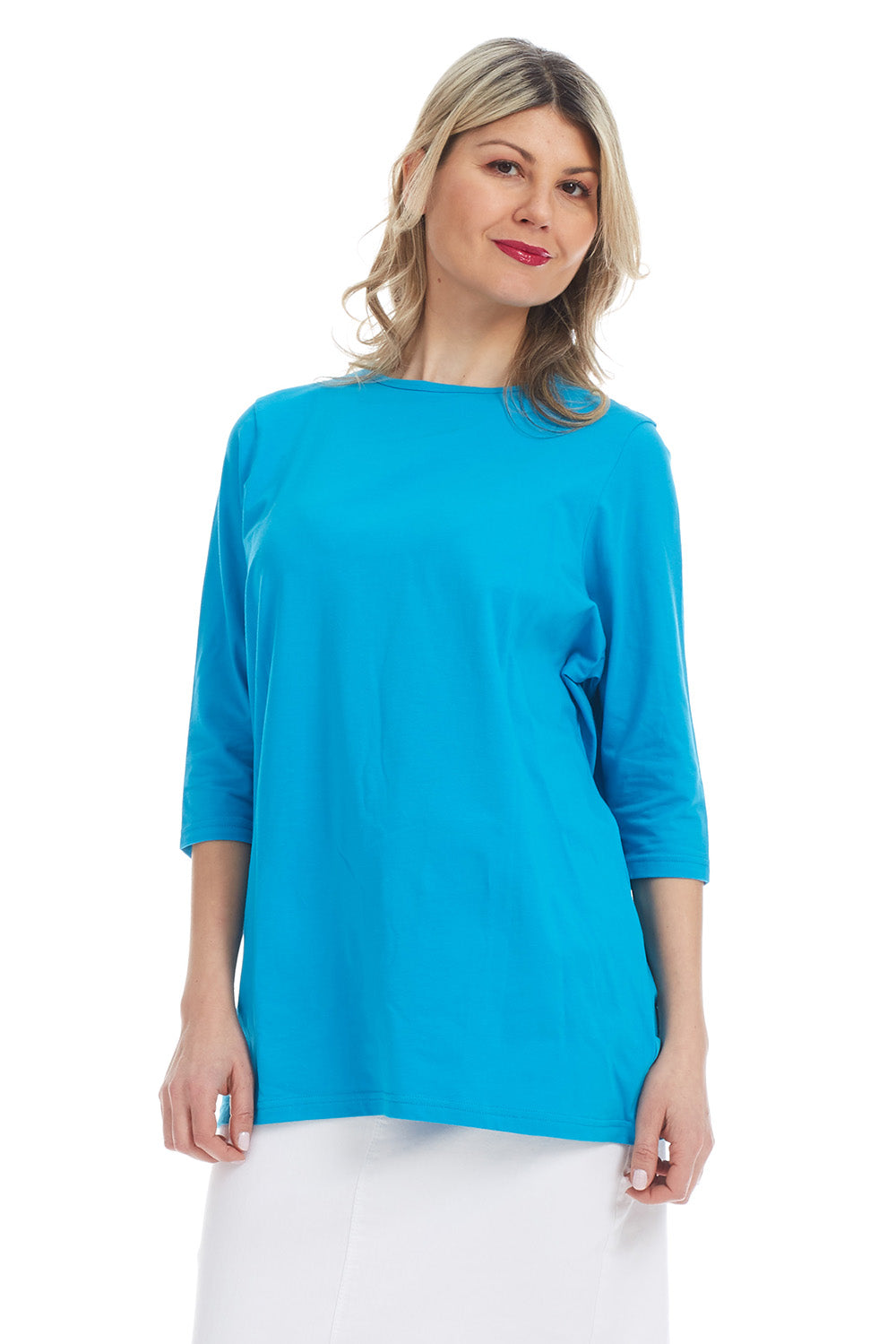 Plain blue 3/4 sleeve tunic t-shirt for women