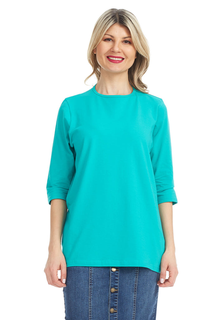 Plain teal 3/4 sleeve tunic t-shirt for women