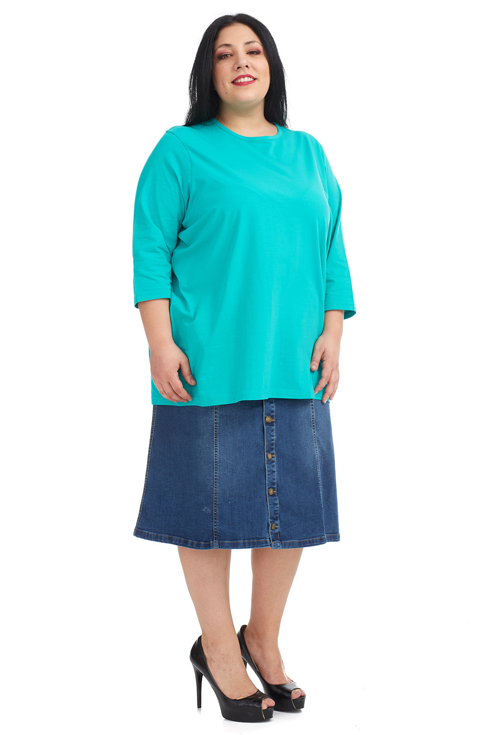 Casual turquoise green 3/4 sleeve baggy plus size t-shirt for women