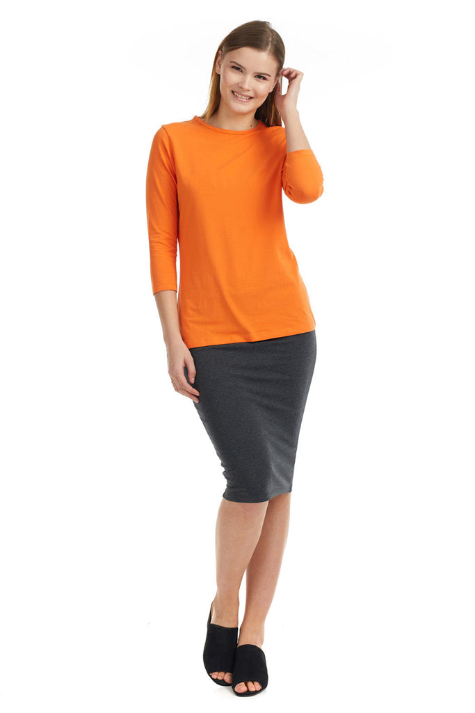 orange 3/4 sleeve crew neck cotton loose relaxed fit top for ladies