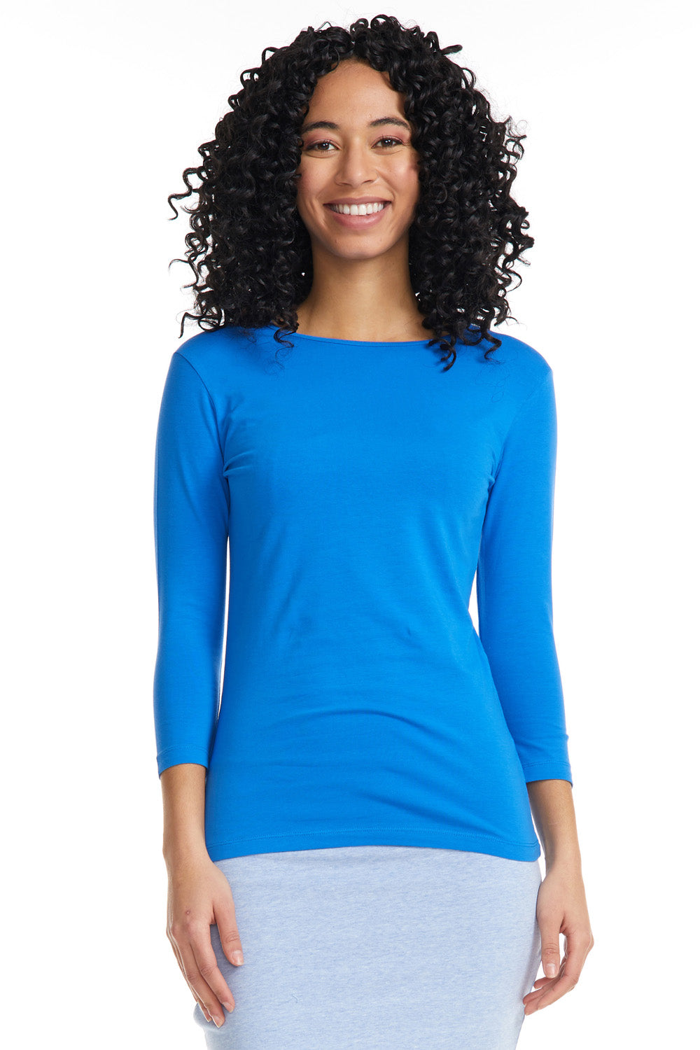 Blue 3/4 Sleeve Snug Fit Layering Cotton T-Shirt Top for Women