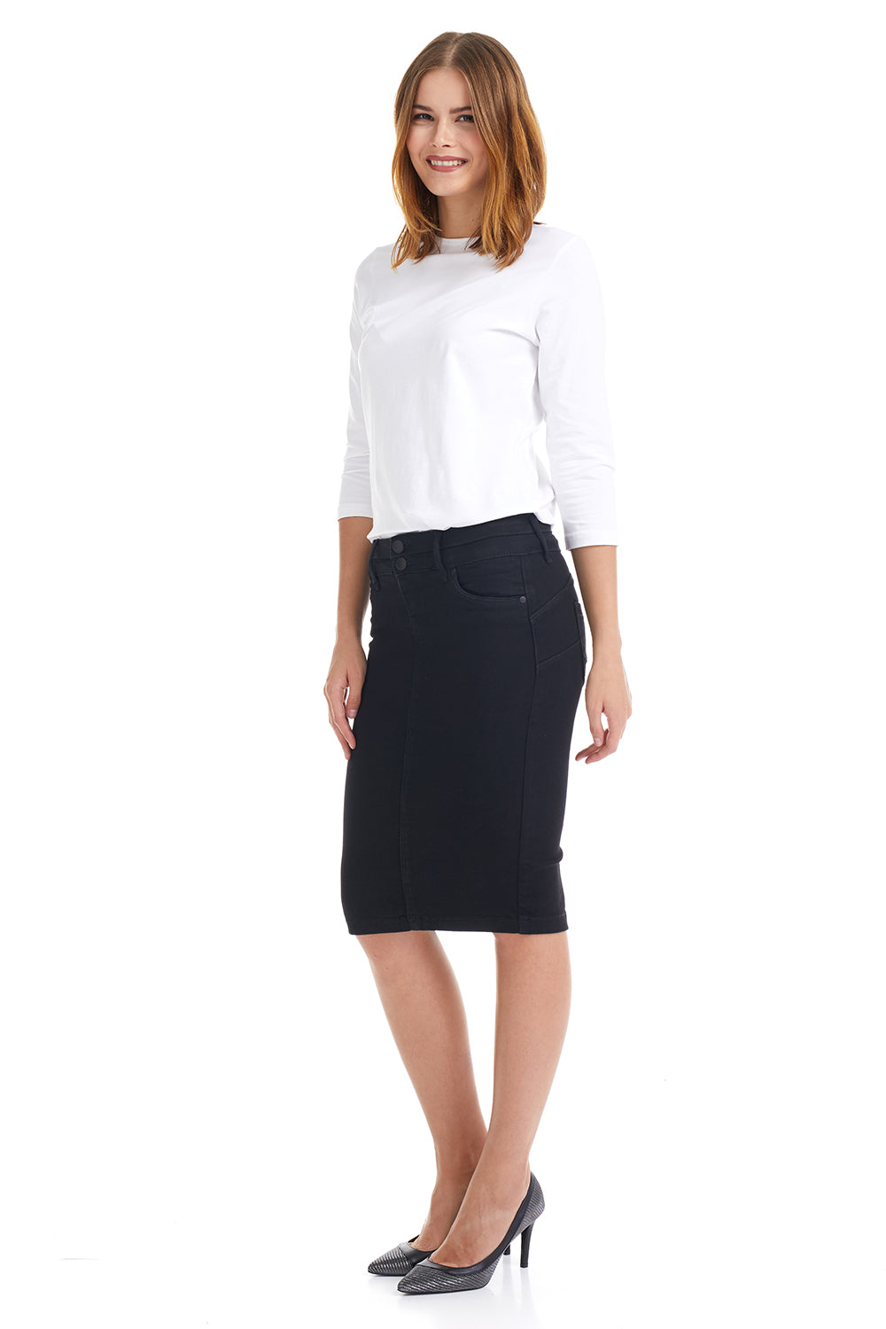black denim pencil skirt with 2-button and zipper closure with small back slit