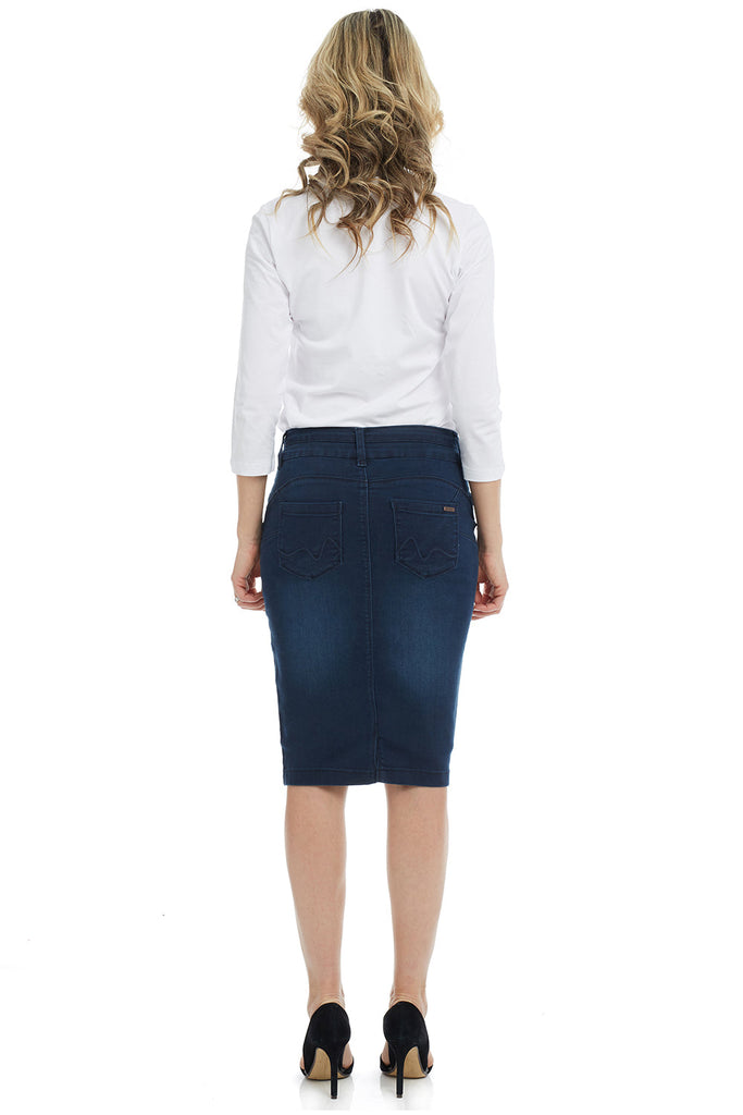 modest blue jean pencil skirt with pockets