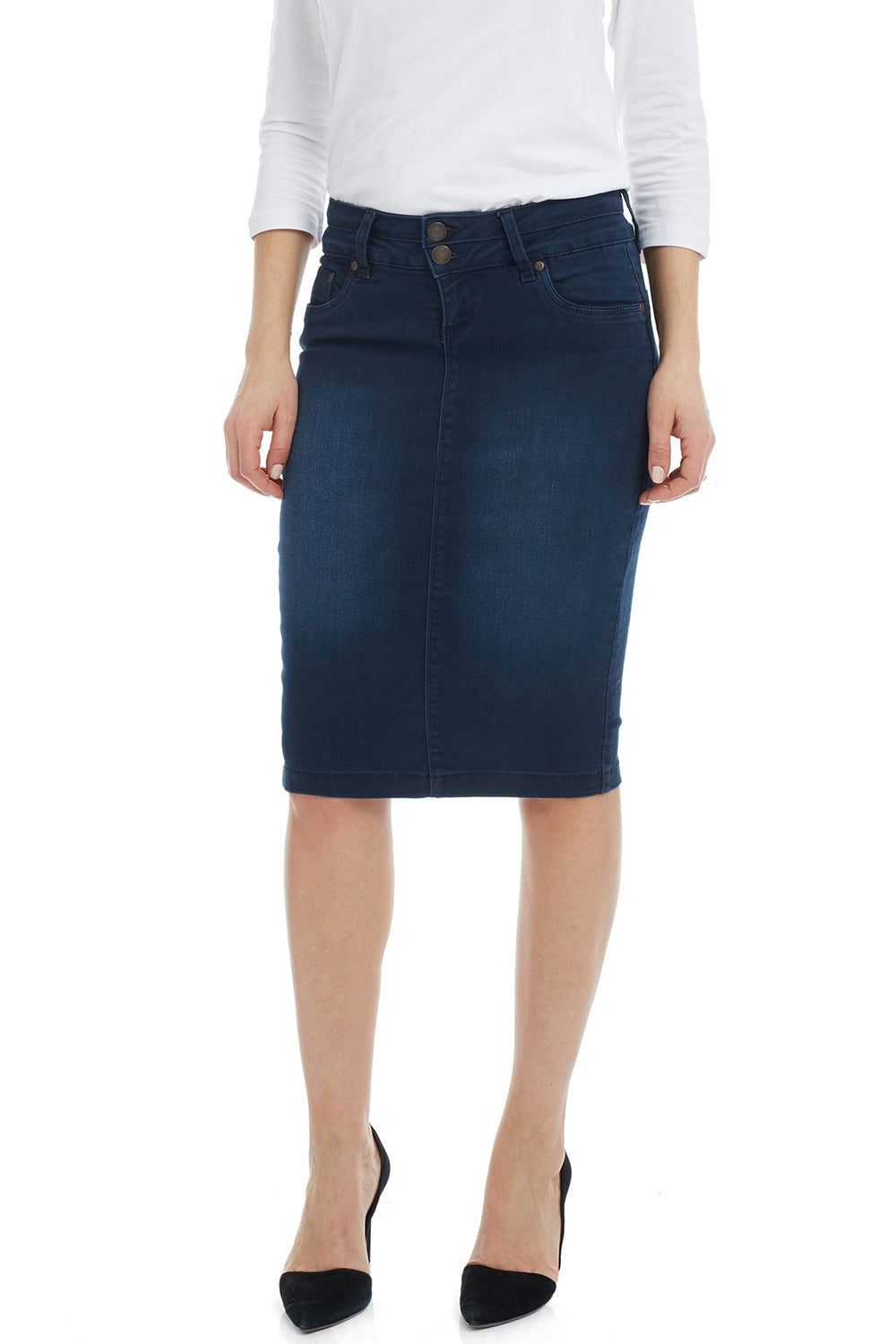 tznius blue denim pencil skirt for women with pockets and belt loops