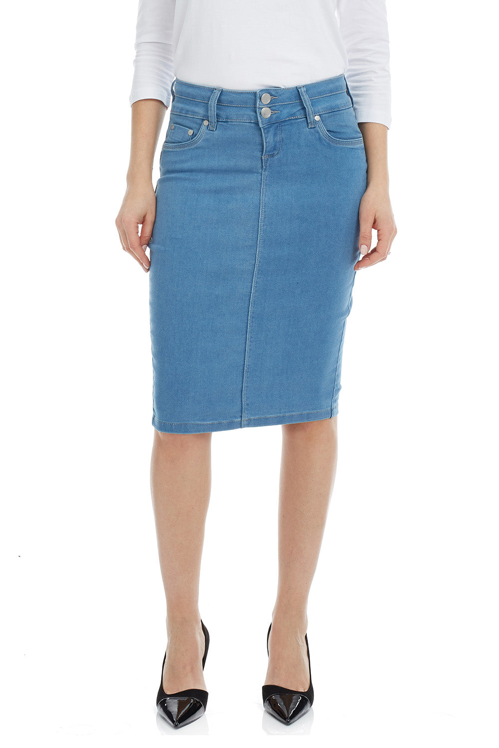 tznius light blue denim pencil skirt for women with pockets and belt loops