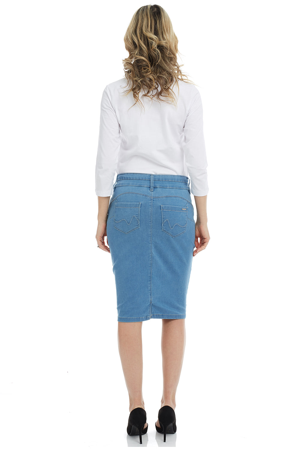 modest light blue jean pencil skirt with pockets