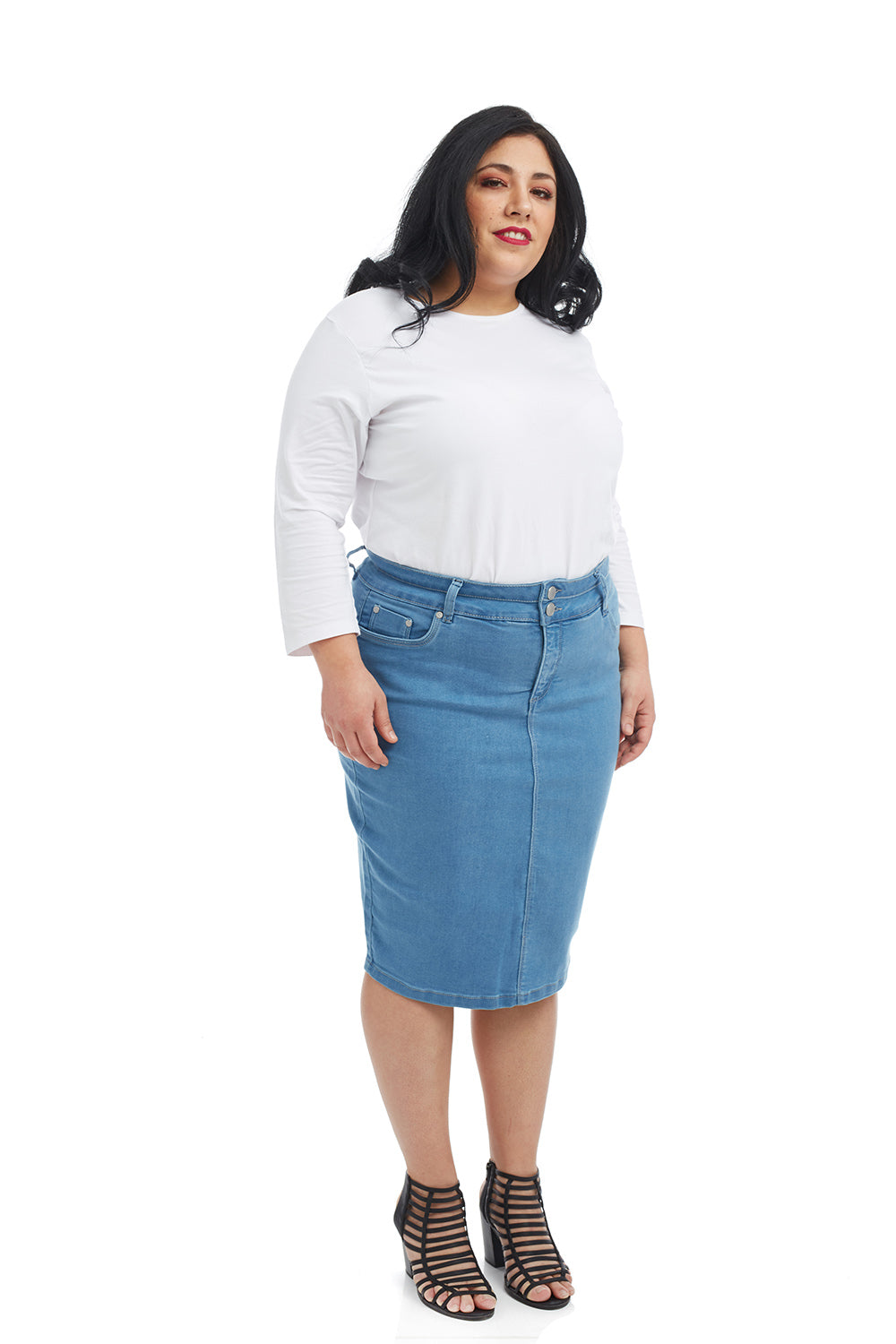 light blue denim pencil skirt with 2-button and zipper closure with small back slit