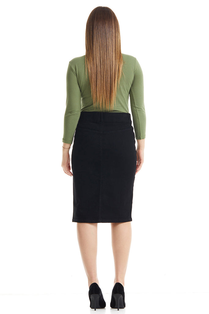 black straight below the knee modest tznius denim skirt for women
