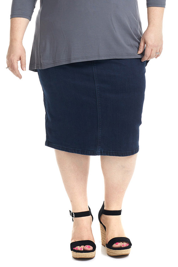 dark blue straight below the knee modest denim skirt for women