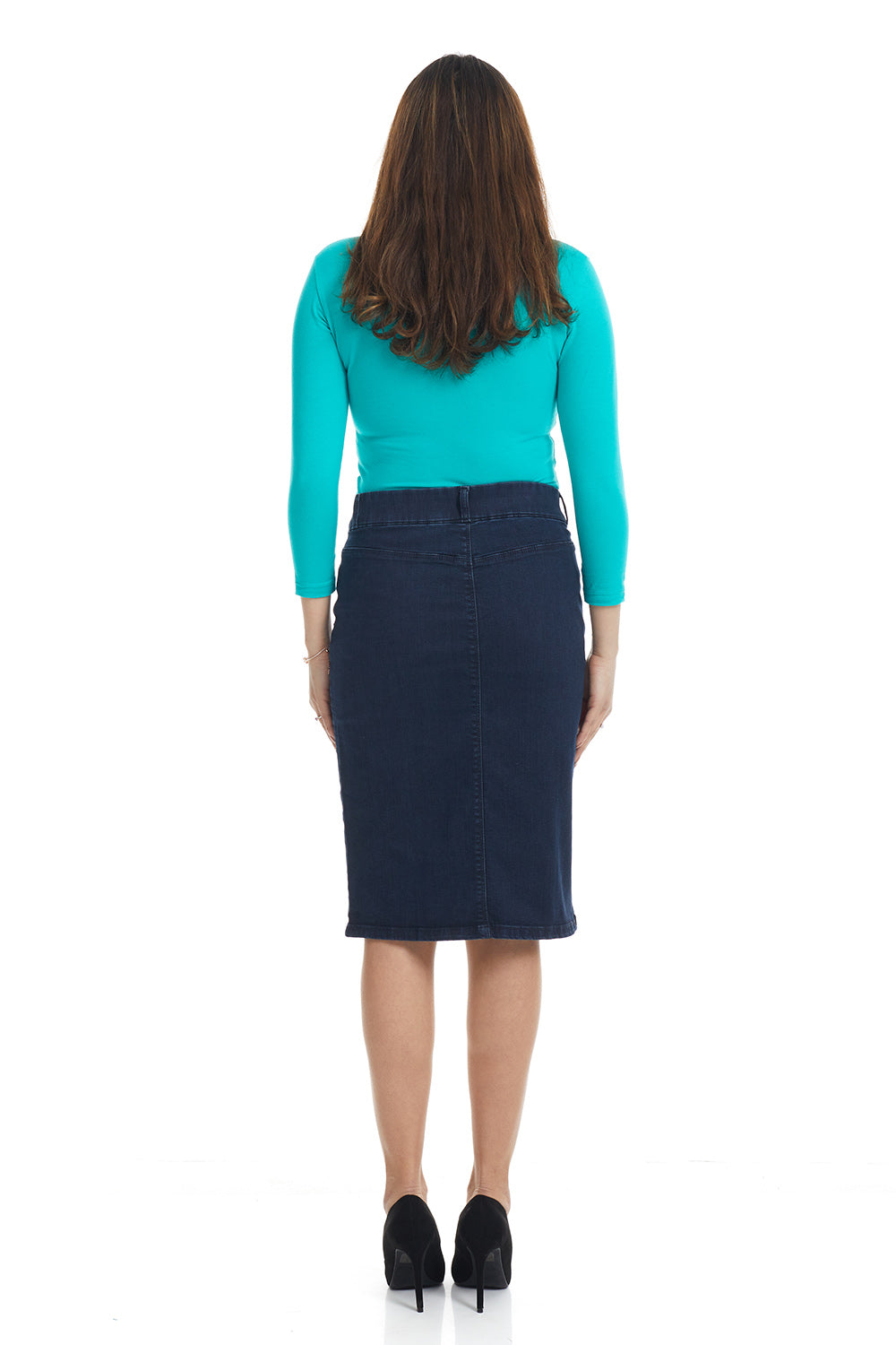 blue straight below the knee modest tznius denim skirt for women