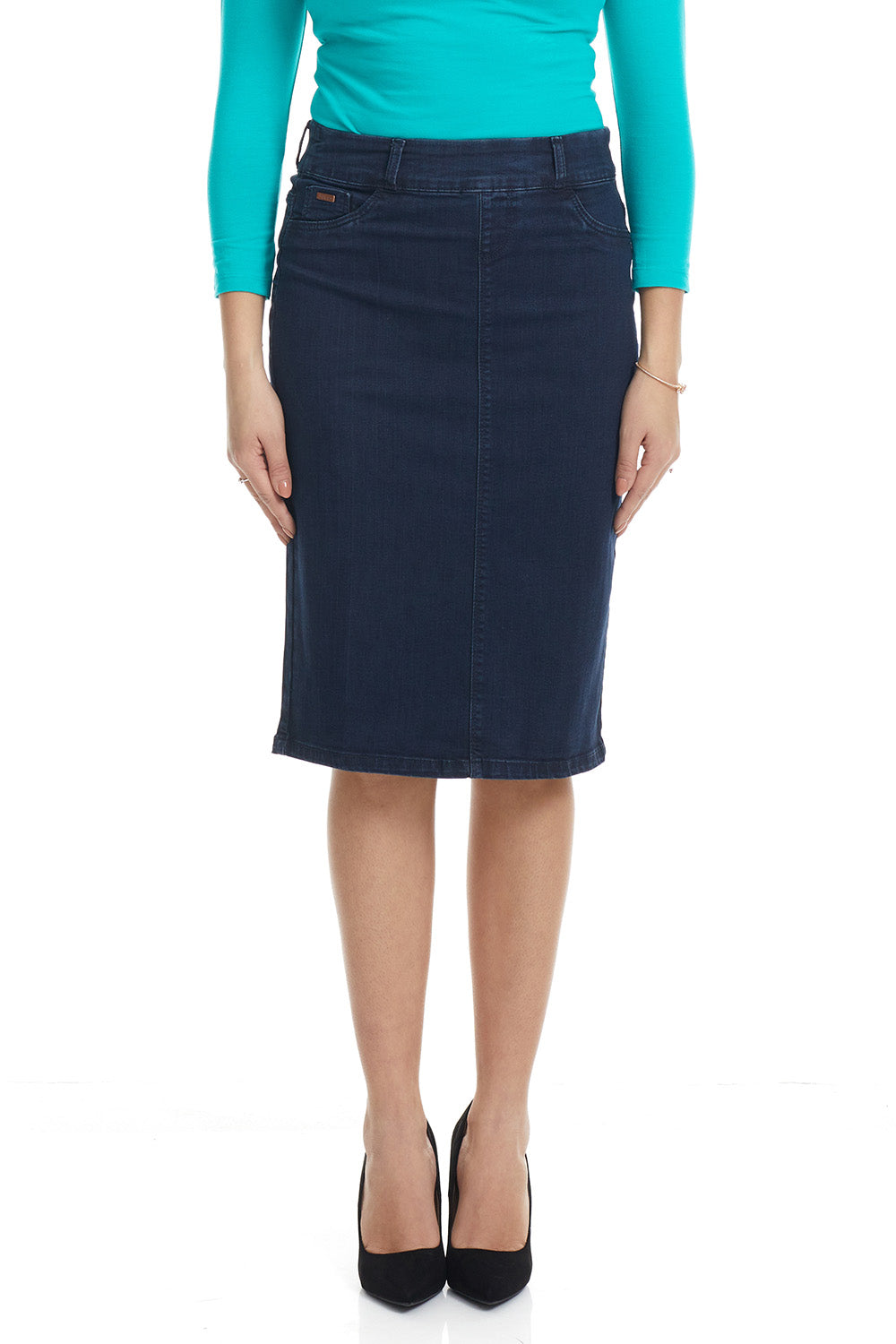 blue straight below the knee modest denim skirt for women