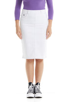 white straight below the knee modest tznius denim skirt for women