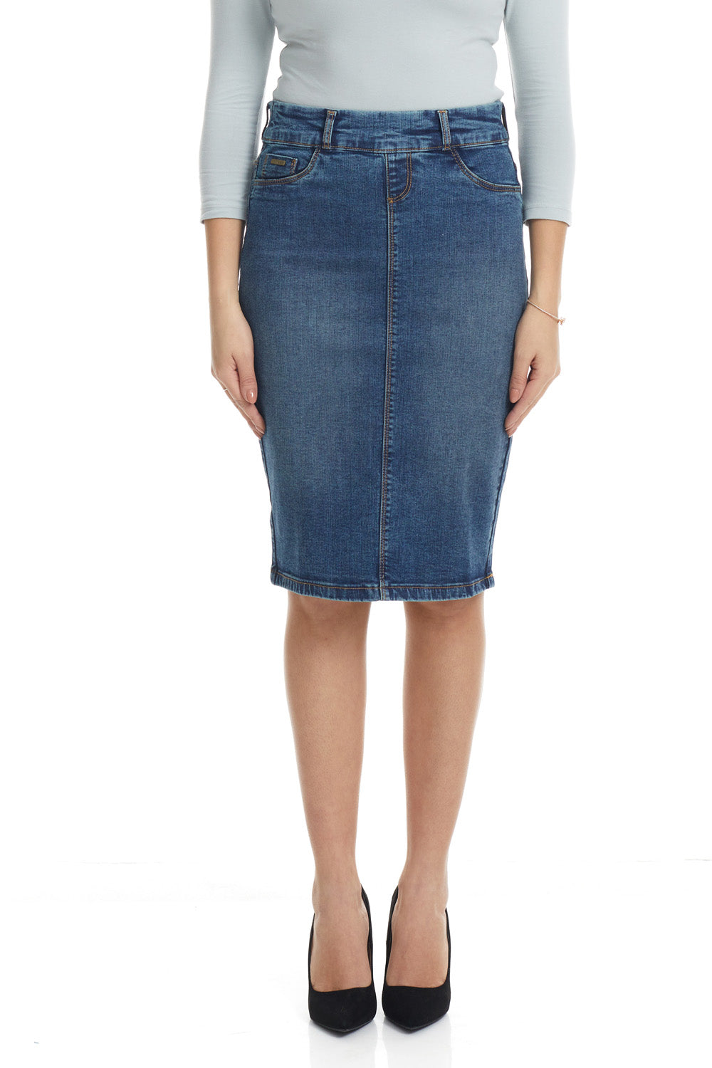 blue tight jean skirt with faux pockets
