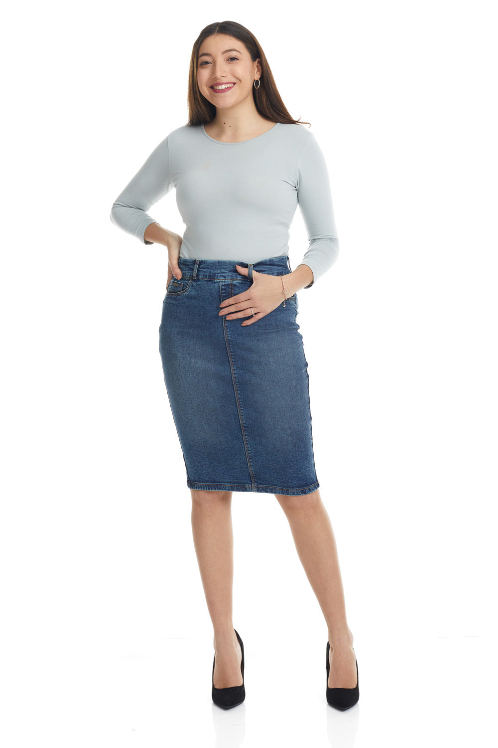 classic blue modest tight pencil skirt