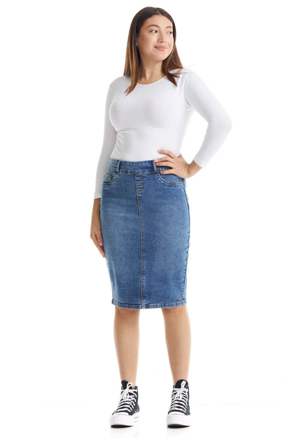blue Below the knee tight pencil jean skirt with faux pockets