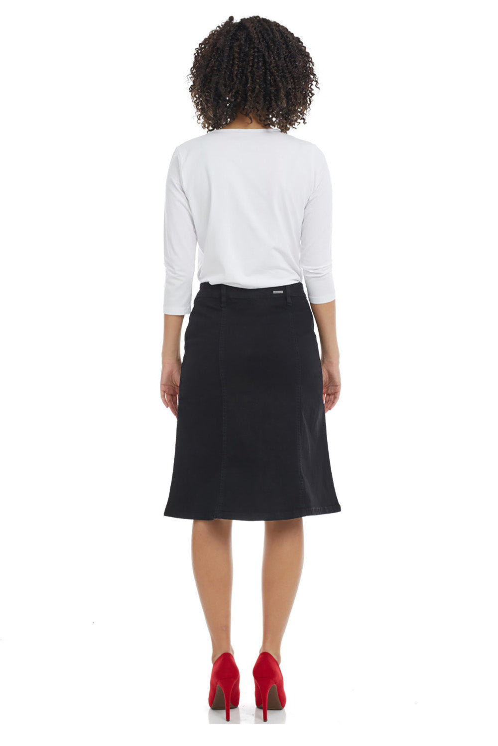 black jean skirt with silver colored buttons 