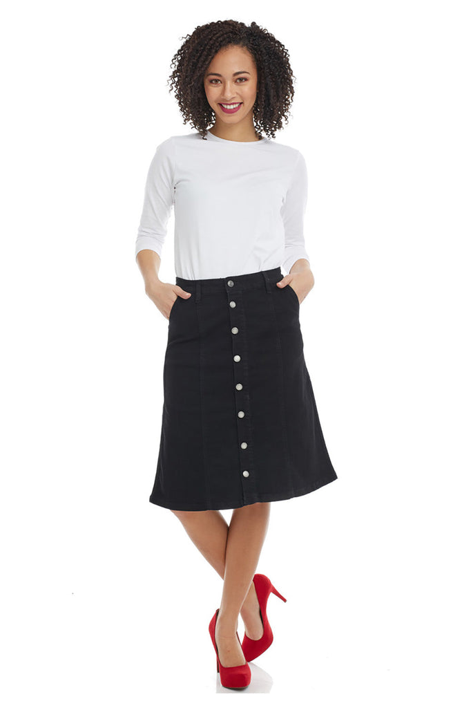 black button down below the knee a-line denim jean skirt with pockets