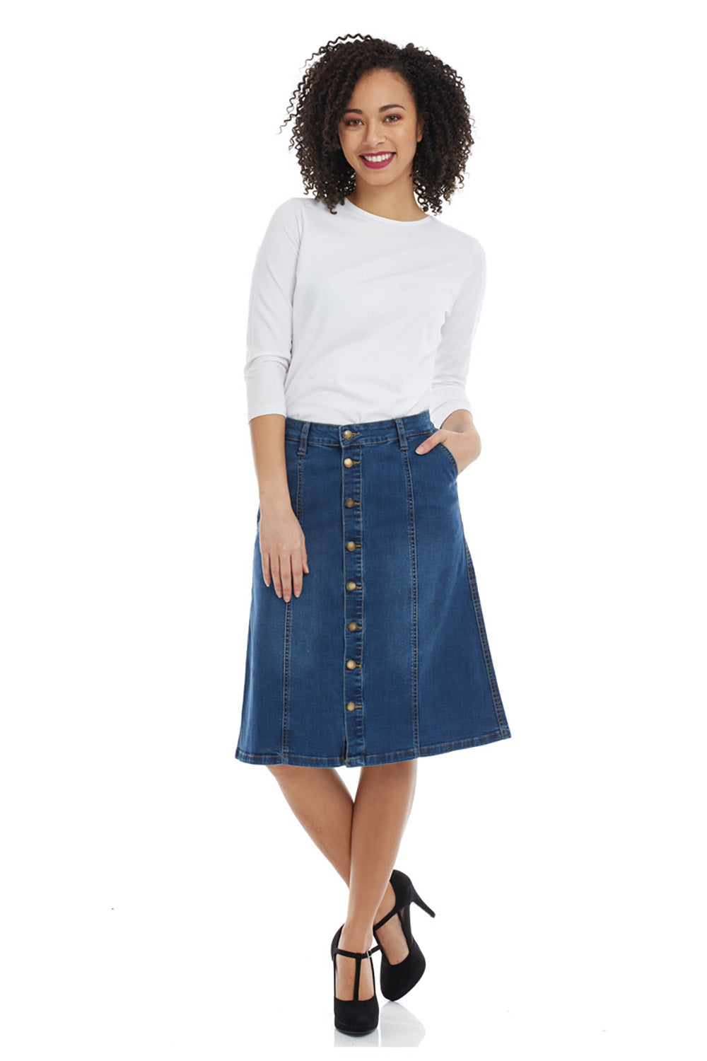 blue button down below the knee a-line denim jean skirt with pockets