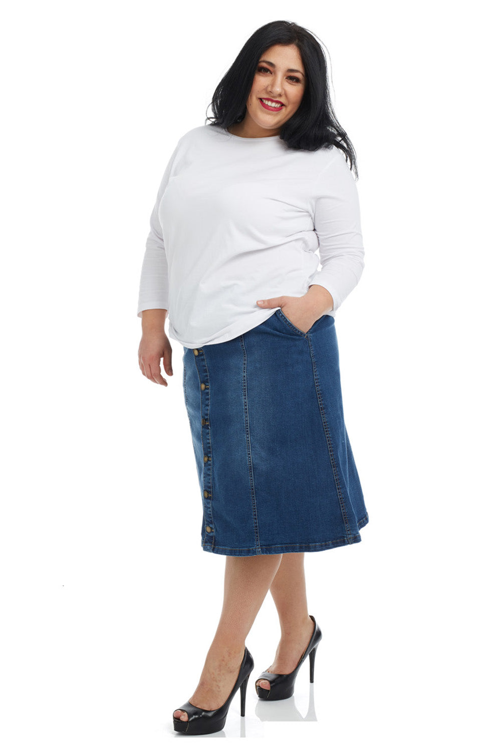 blue modest tznius plus size jean skirt for women