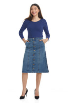 blue modest tznius below the knee jean skirt for women