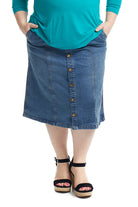 blue modest below the knee jean skirt with silver colored buttons 