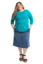 blue modest knee length flary plus size denim skirt with pockets