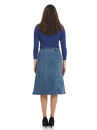 blue button down below the knee a-line denim jean skirt with pockets