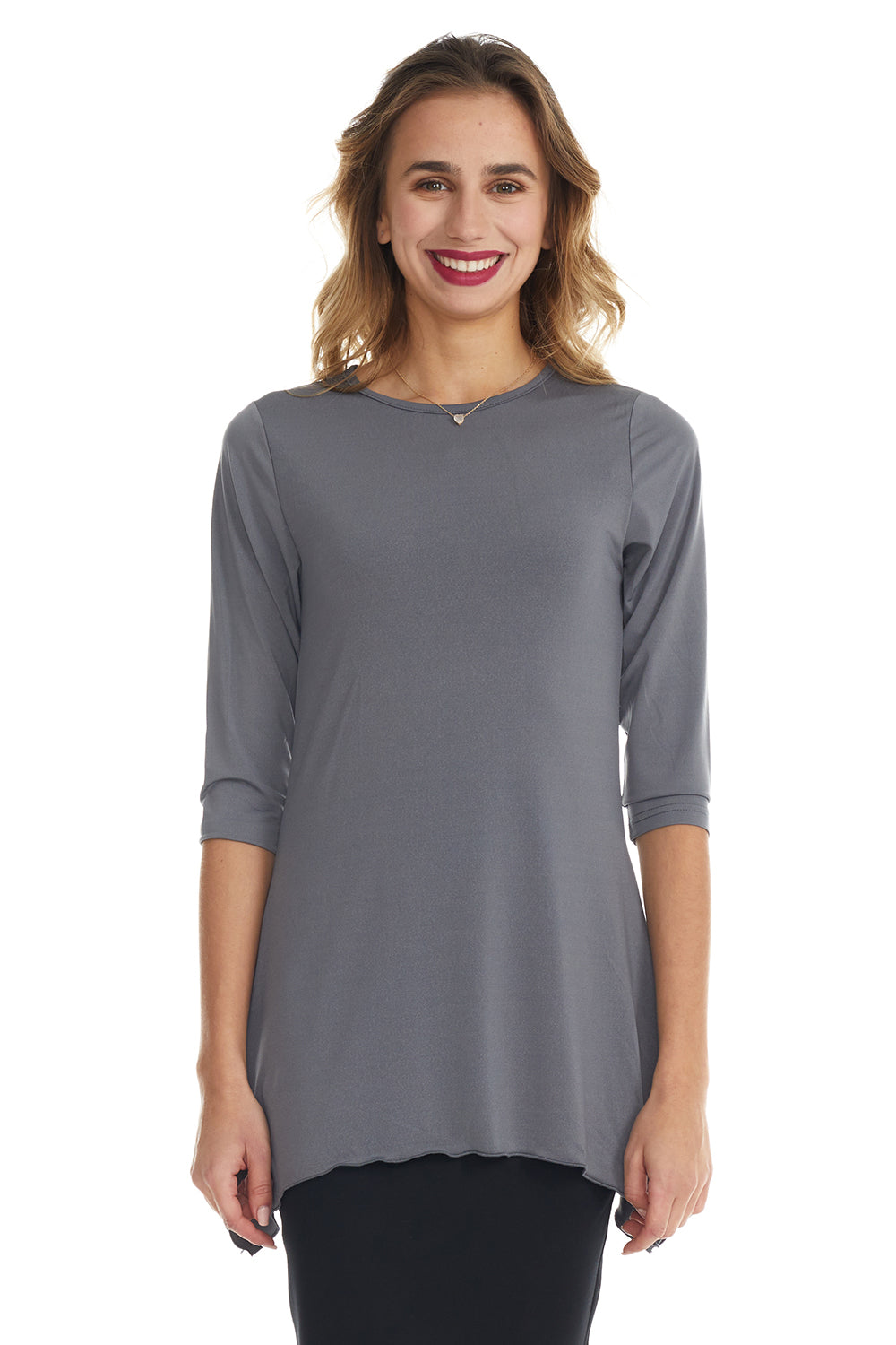 dark gray silky tunic top to wear with a skirt
