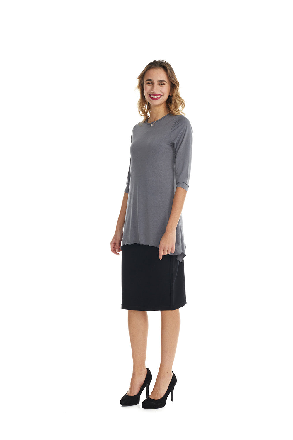 charcoal gray tznius 3/4 sleeve tunic top with uneven hem