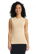 nude sleeveless shell looks great on its own or with a cardigan