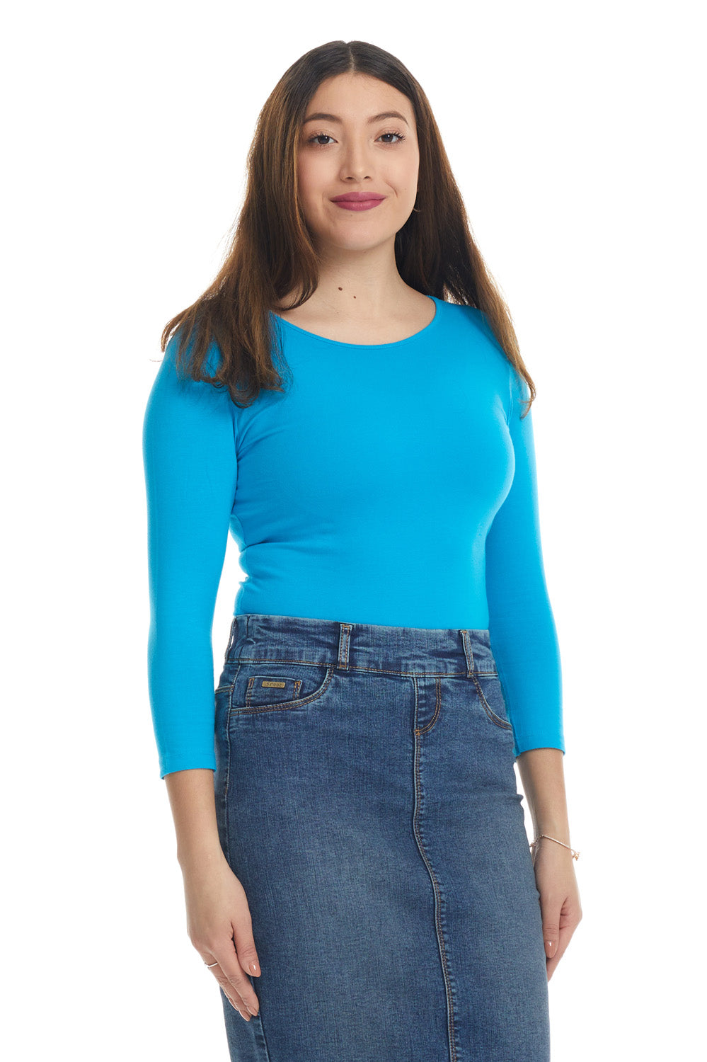 modest blue 3/4 sleeve cotton boat neck t-shirt top