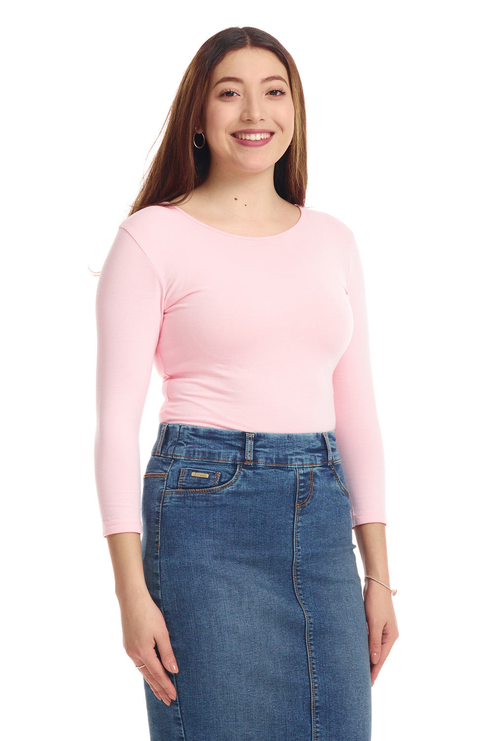 3/4 Sleeve pink Cotton Boat Neck Fitted T-Shirt Top