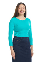 turquoise 3/4 Sleeve Cotton Boat Neck Fitted T-Shirt Top