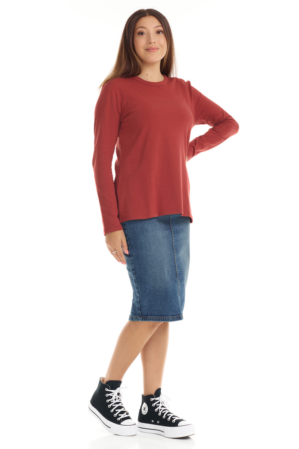 rust color cotton long sleeve top for women