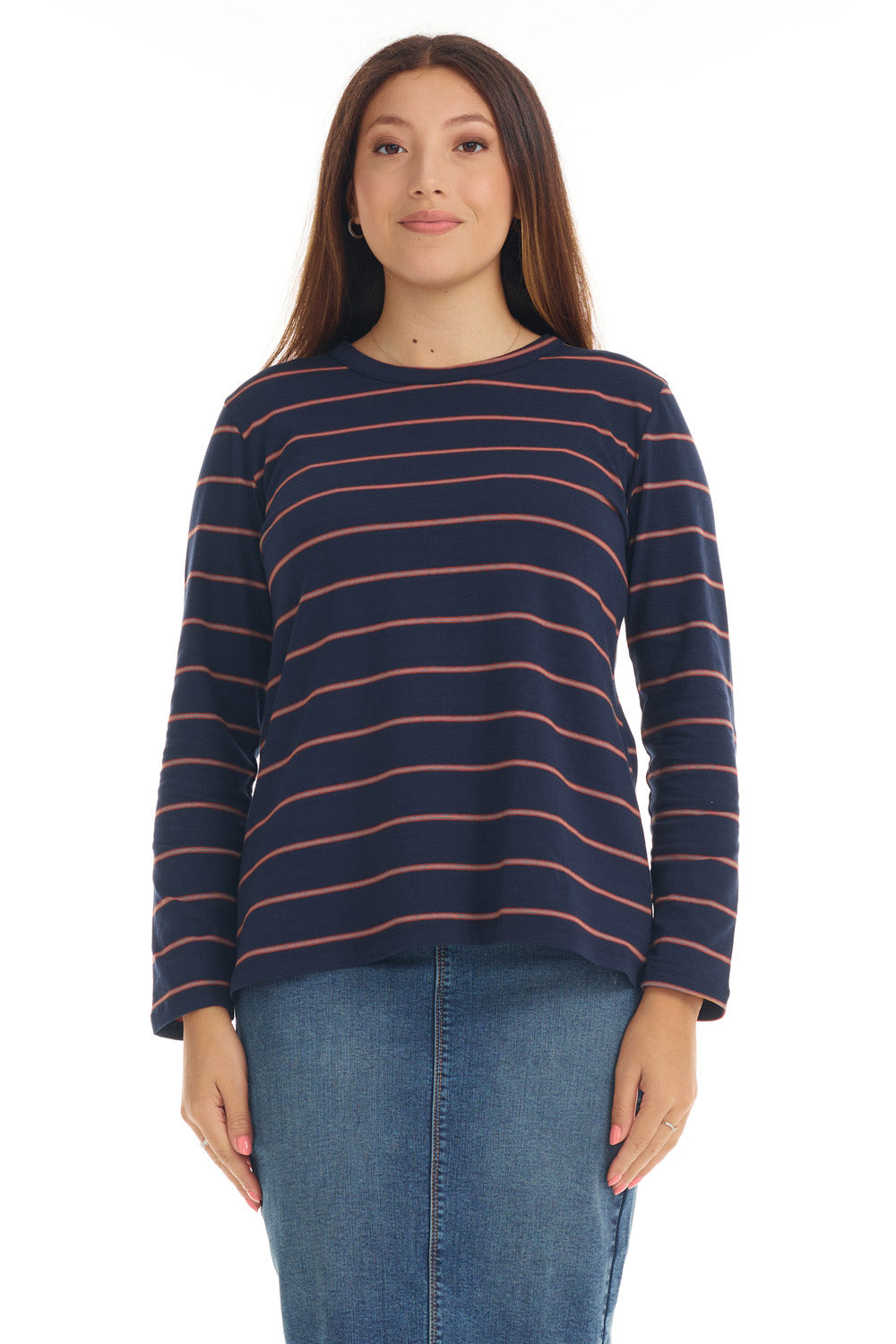 Navy and Orange Striped Long Sleeve Cotton T-shirt Top for Women 'B521'