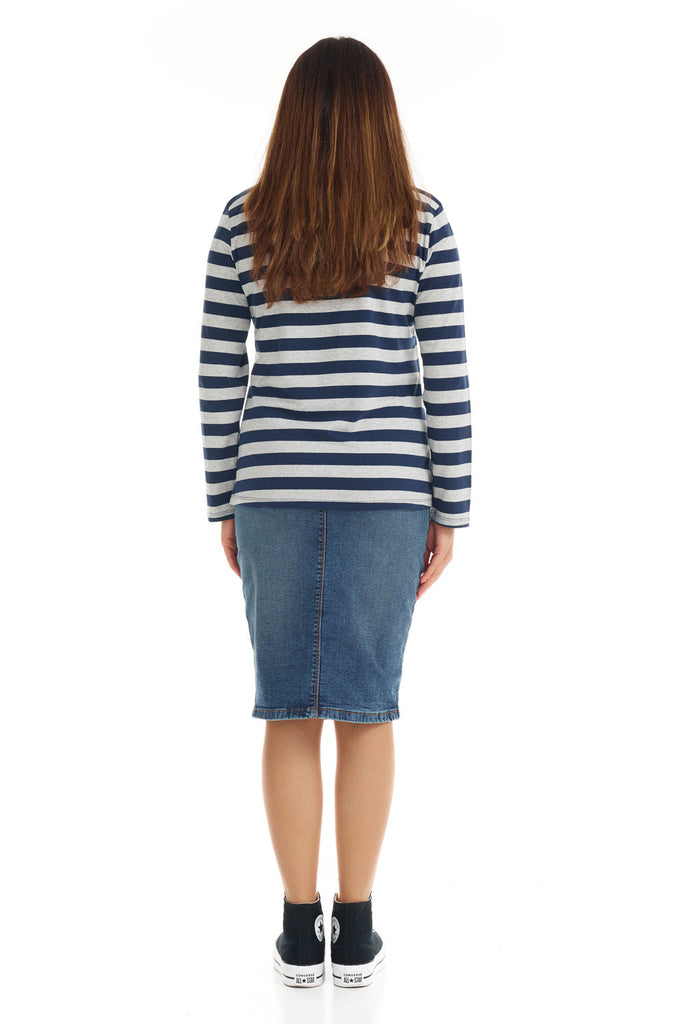 blue grey stripes loose cotton shirt for women 