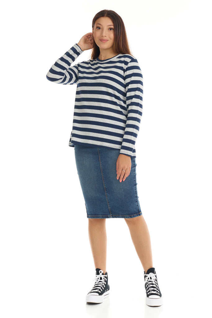 dark blue grey stripes cotton long sleeve tee for women