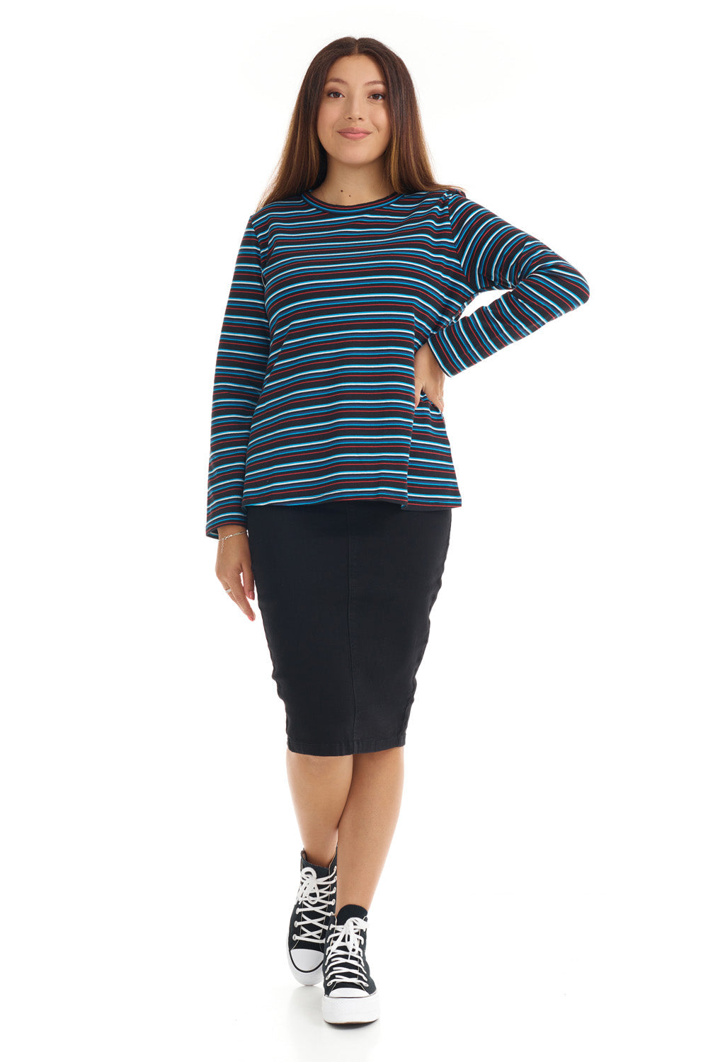 turquoise red white stripes cotton long sleeve tee for women