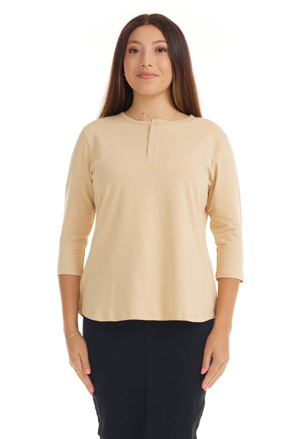 tan 3/4 sleeve henley shirt for women