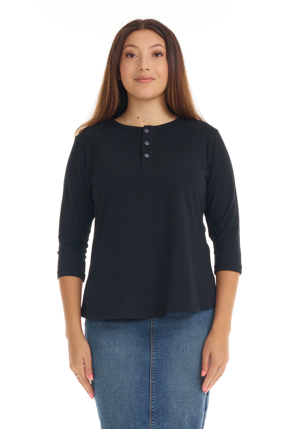 black 3/4 sleeve henley shirt for women