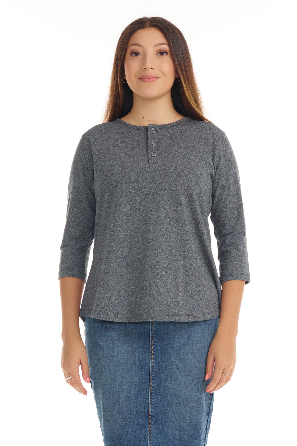 Charcoal Grey 3/4 Sleeve Cotton Henley Shirt for Women