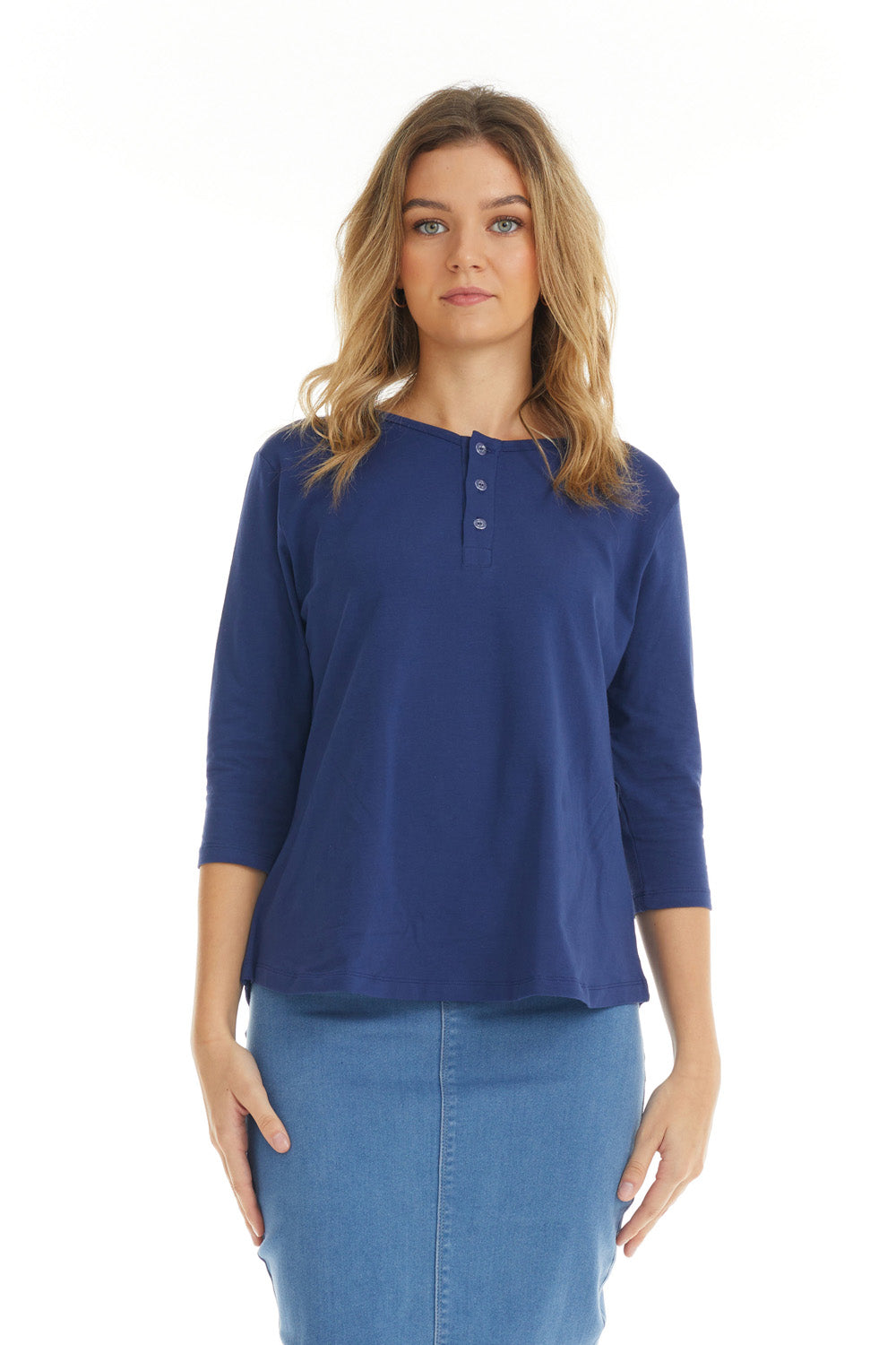 Navy Blue 3/4 Sleeve Cotton Henley Top for Women