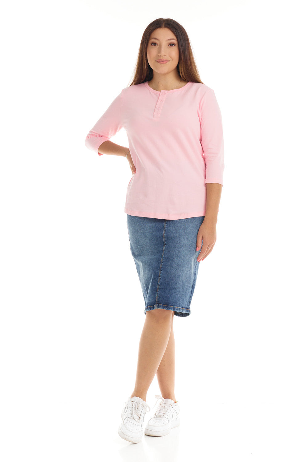 pink henley top with 3 buttons for women