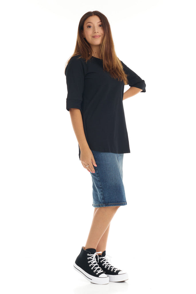 black elbow sleeve cotton tee with cuff sleeve for women